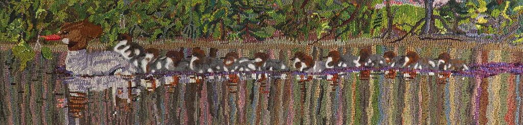 Mergansers, JC Davey – 12” x 48”, hooked and felted wool